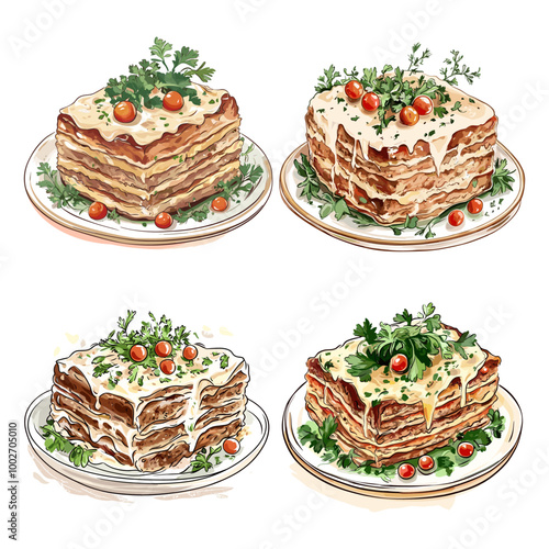 Stylized Illustration of Layered Meatloaf with Creamy Sauce and Garnish