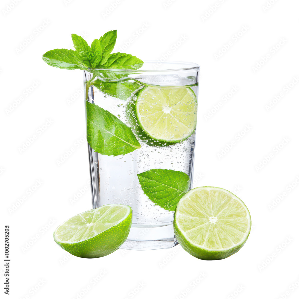 Refreshing lime and mint beverage in a glass Refreshing lime and mint beverage in a glass