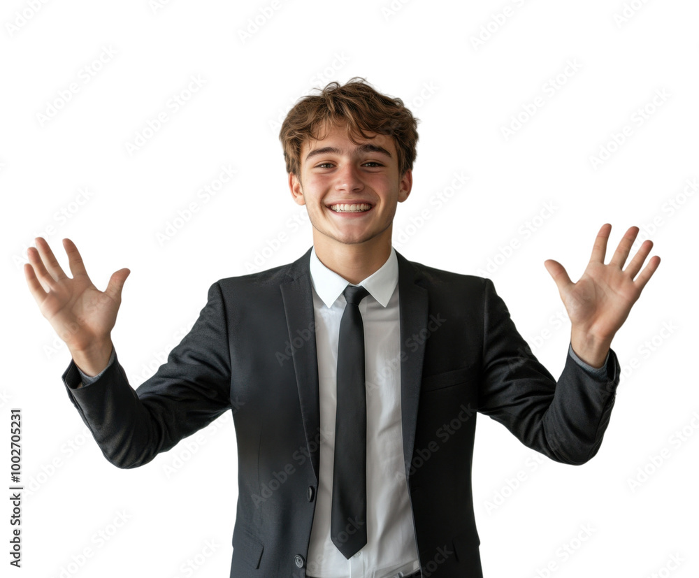 Smiling young businessman waving hands in celebration. Smiling young businessman waving hands in celebration.