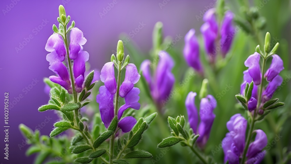 Obraz premium Close-up of a clump of vibrant purple and pink wildflowers against a lush green background.