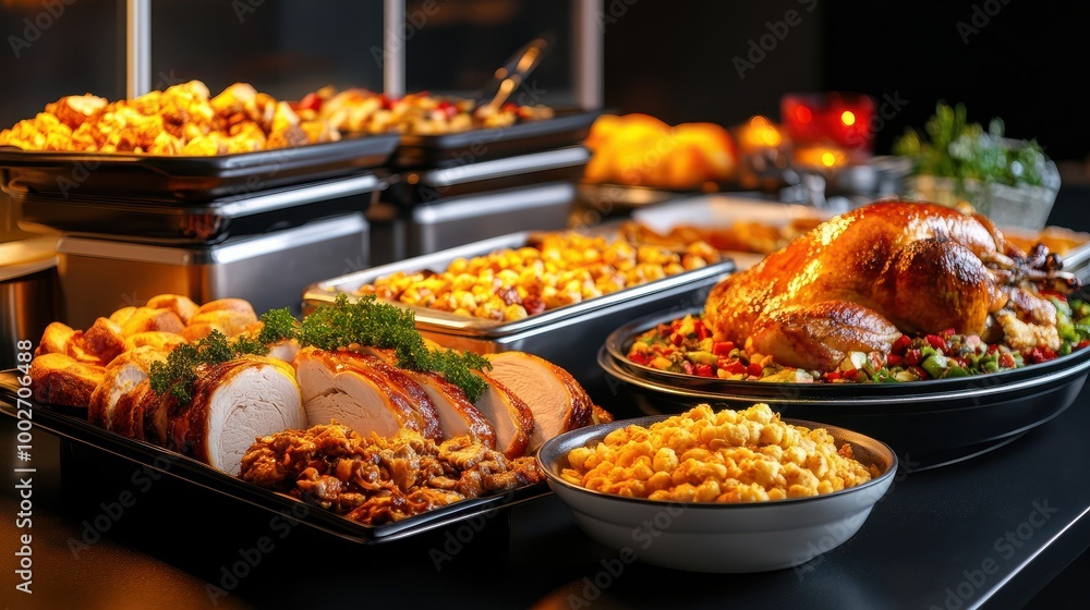 Obraz premium A Thanksgiving buffet with a wide selection of traditional dishes, including turkey, rolls, and casseroles.