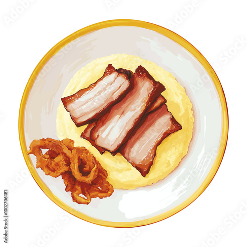 Creamy Polenta with Crispy Pork Belly and Fried Pork Rind