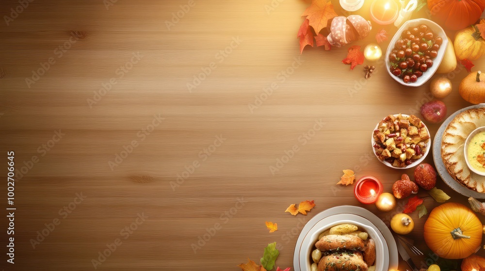 A Thanksgiving dinner background with a rustic farmhouse table filled with food and fall-themed decorations. A Thanksgiving dinner background with a rustic farmhouse table filled with food and fall-themed decorations.