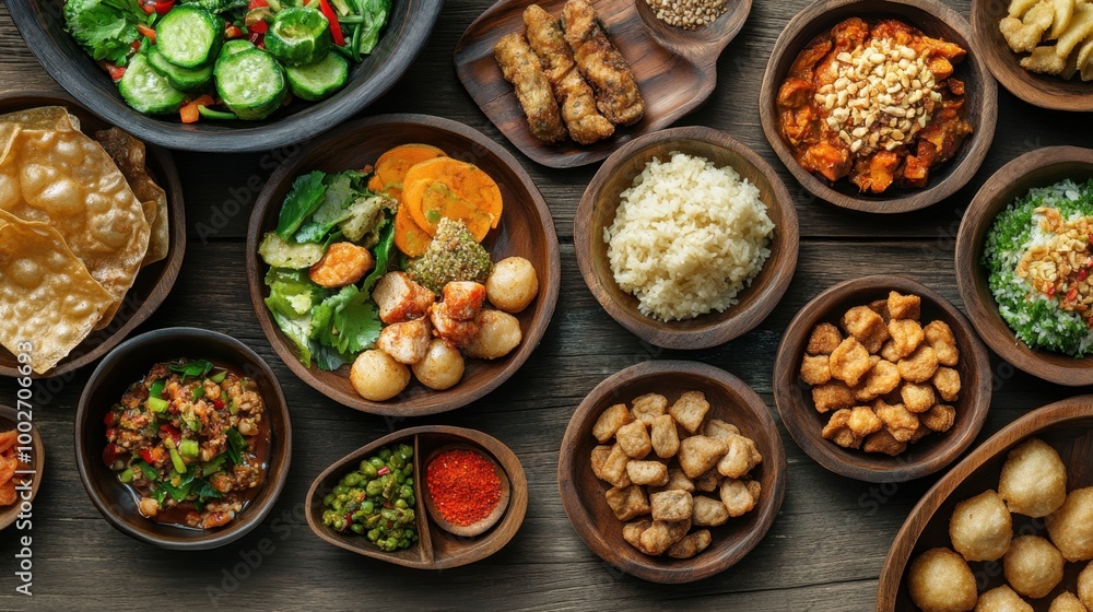 A rustic wooden table set with bowls of Sundanese delicacies, showcasing vibrant and flavorful dishes alongside traditional snacks and sides. A rustic wooden table set with bowls of Sundanese delicacies, showcasing vibrant and flavorful dishes alongside traditional snacks and sides.