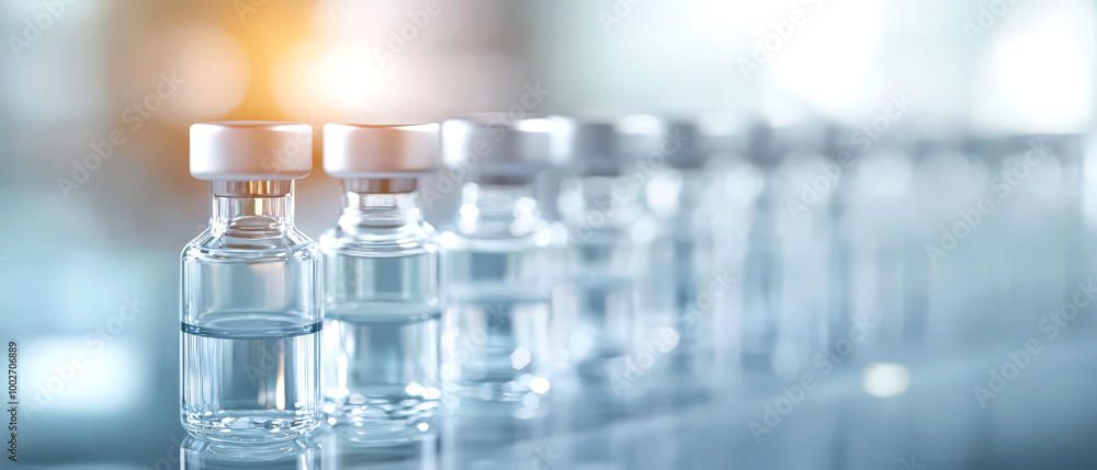 Row of glass vials for medical use with reflective surfaces and soft background lighting. Row of glass vials for medical use with reflective surfaces and soft background lighting.