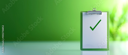 Green background with a clipboard with a checkmark.