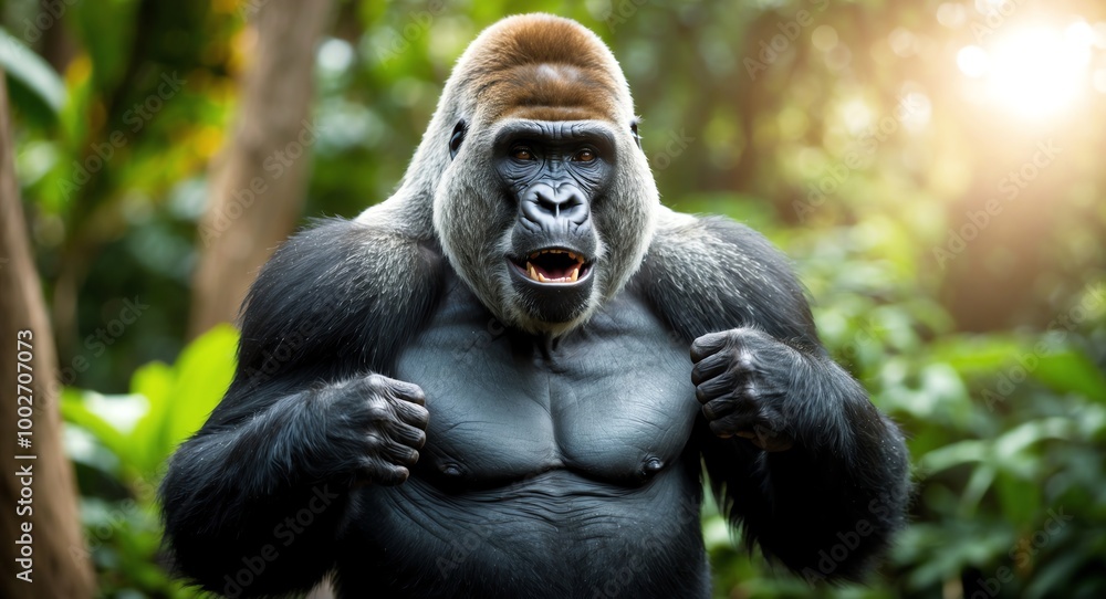 Majestic silverback gorilla thumping its chest under the warm glow of the jungle sun Majestic silverback gorilla thumping its chest under the warm glow of the jungle sun