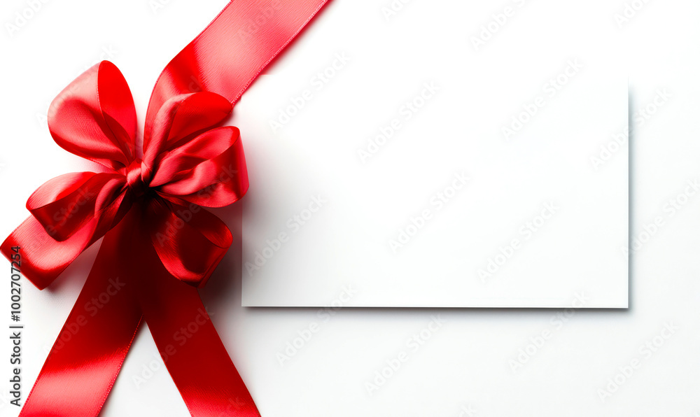 Blank card with a red satin bow, perfect for gift messages or invitations, set against a clean white background.