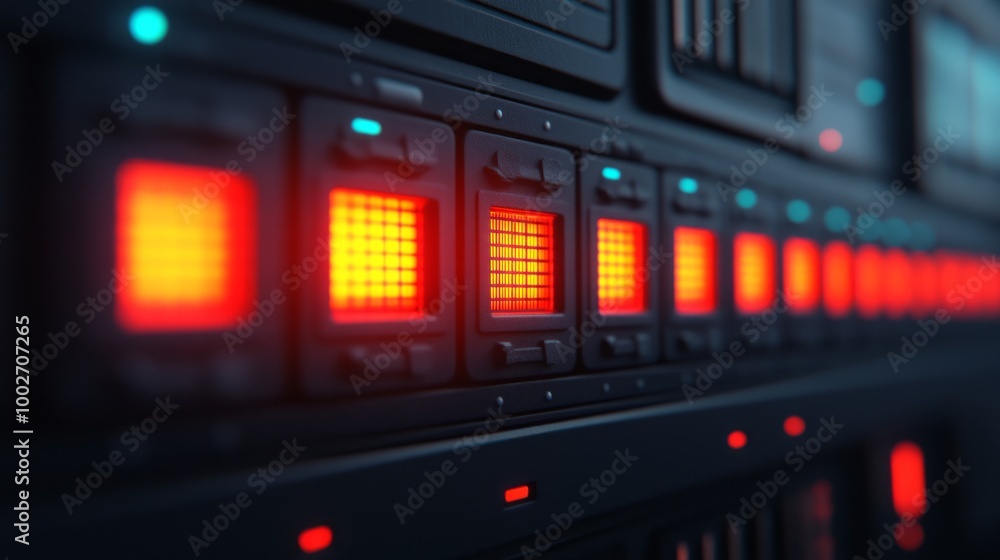 Closeup of glowing red lights on a futuristic control panel. Closeup of glowing red lights on a futuristic control panel.