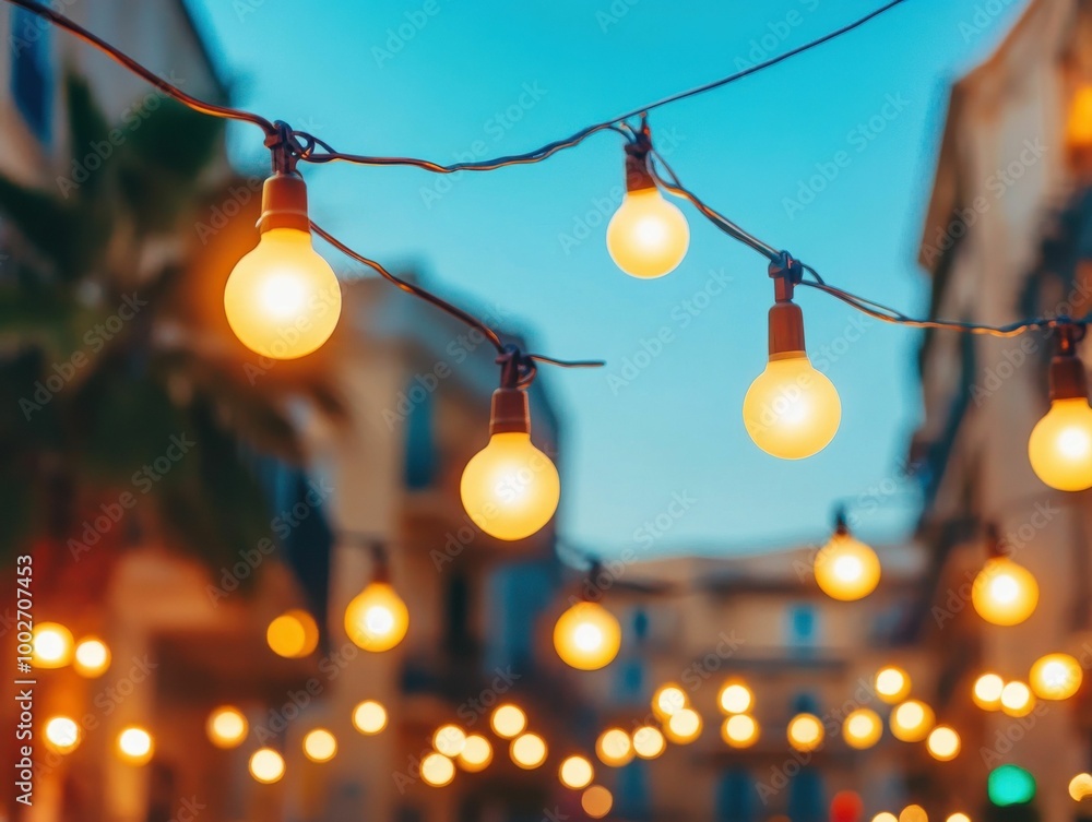 Warm glowing light bulbs hang over a street at dusk during a summer festival, creating a cozy and festive atmosphere.. Warm glowing light bulbs hang over a street at dusk during a summer festival, creating a cozy and festive atmosphere..