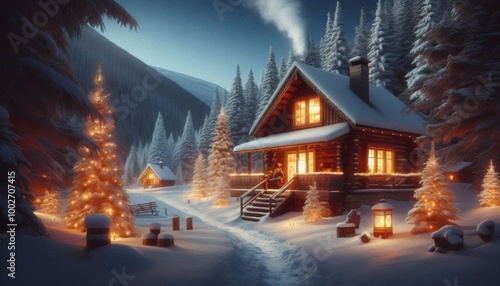 A cozy winter cabin in the mountains, surrounded by snow-covered trees, warm lights glowing from the windows, and smoke rising from the chimney