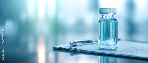 Clear vaccine vial stands on a white document, symbolizing medical research and healthcare innovation. photo