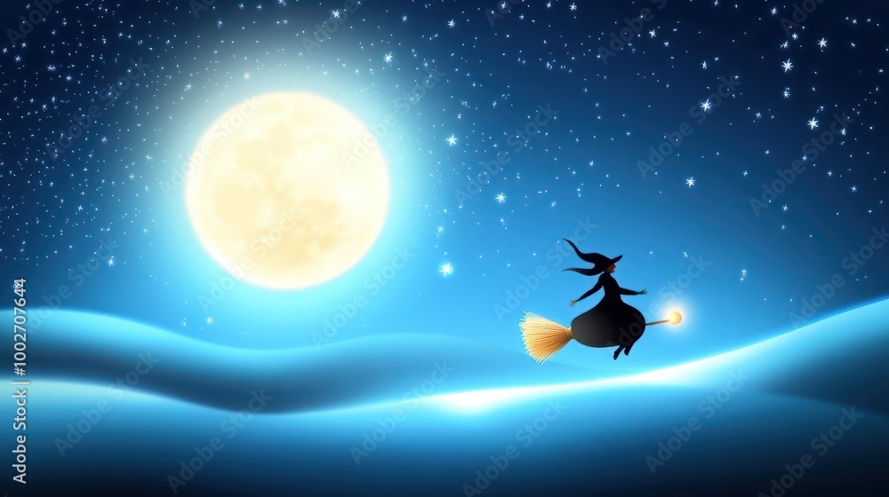 A witch flying on a broomstick under the full moon, surrounded by stars, in a Halloween clipart style. A witch flying on a broomstick under the full moon, surrounded by stars, in a Halloween clipart style.