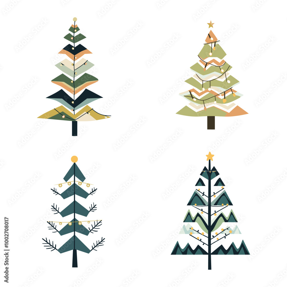 Obraz premium Abstract Christmas Tree with Zigzag Branches and Lights in Flat Vector