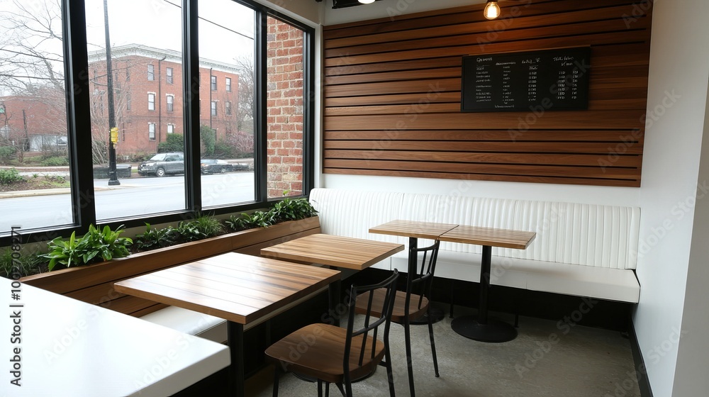 Modern cafe interior with wooden tables and chairs, a white booth, and a window with a view of the street. Modern cafe interior with wooden tables and chairs, a white booth, and a window with a view of the street.