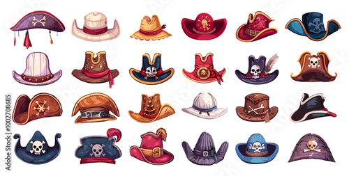 Pirates hats set. Pirate corsair nautical captain or shipboy hat with jolly roger skull and crossbones sailor cap carnival accessory vector illustration
