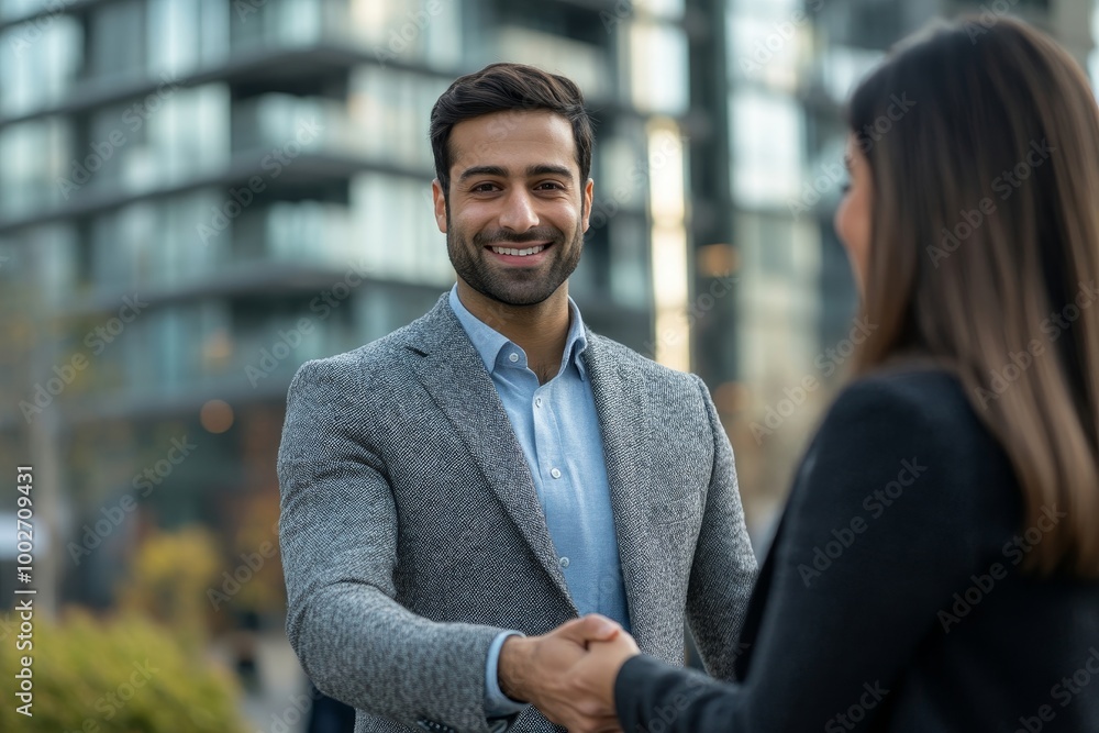 Smiling handsome young Indian businessman making handshake with businesswoman in the city with office buildings in background, Generative AI Smiling handsome young Indian businessman making handshake with businesswoman in the city with office buildings in background, Generative AI