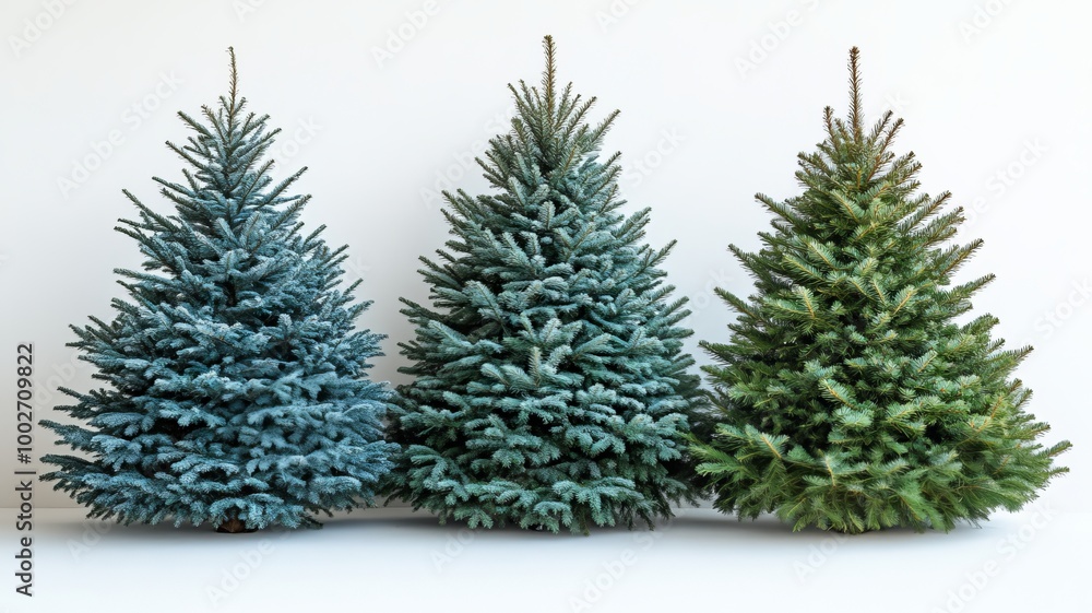 Christmas trees, blue ornaments, white background. Generative AI Christmas trees, blue ornaments, white background. Generative AI