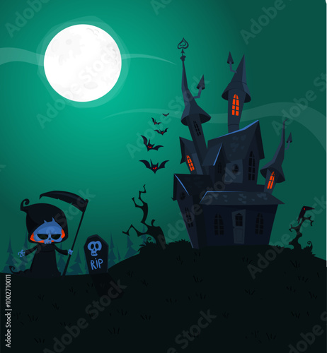 Halloween haunted house cartoon illustration. Vector horror scary mansion on the night background with moon. Party poster photo