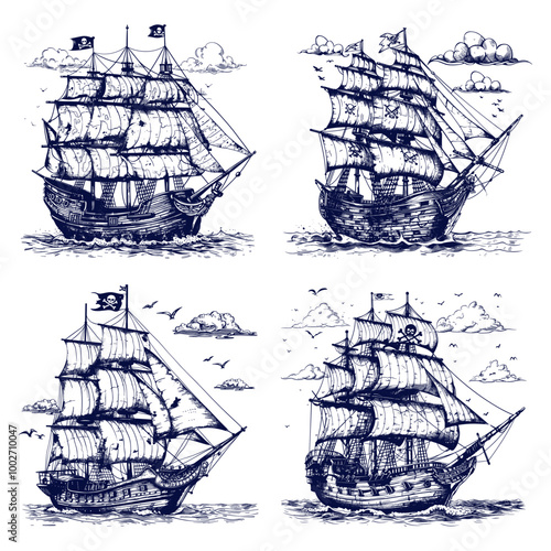 Pirates ships set. Old galleon tattoo sketch sailboat warship vintage ship with pirate flag drawing engraving vector illustration