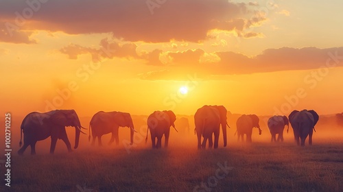 A herd of elephants walking through a savanna A majestic herd of elephants moves across a wide, golden savanna, with dust rising behind them as the sun sets. The vibrant colors of the sky contrast