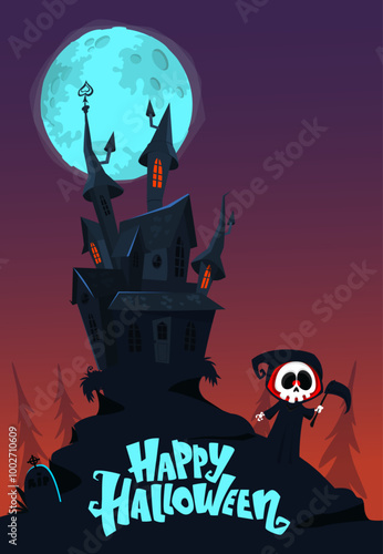 Halloween haunted house cartoon illustration. Vector horror scary mansion on the night background with moon. Party poster photo