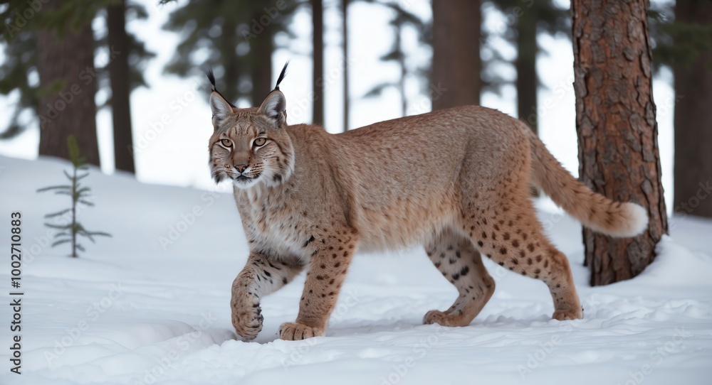 Obraz premium Strong Eurasian lynx cautiously navigating a snowy forest with tall pines around