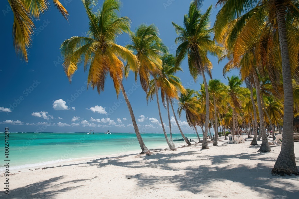 Fototapeta premium Tropical beach with turquoise water, white sand, and palm trees, serene coastal oasis