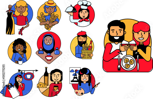 The illustrations depict cheerful characters engaging in various everyday life scenes, such as shopping, baking, drinking coffee, and fashion, all with a playful and whimsical touch vector cartoon ill