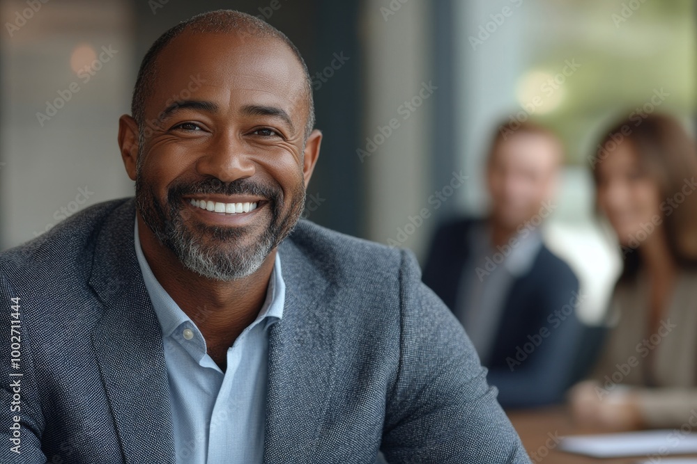 Fototapeta premium Businessman smiling outside of a boardroom before meeting with coworkers, Generative AI