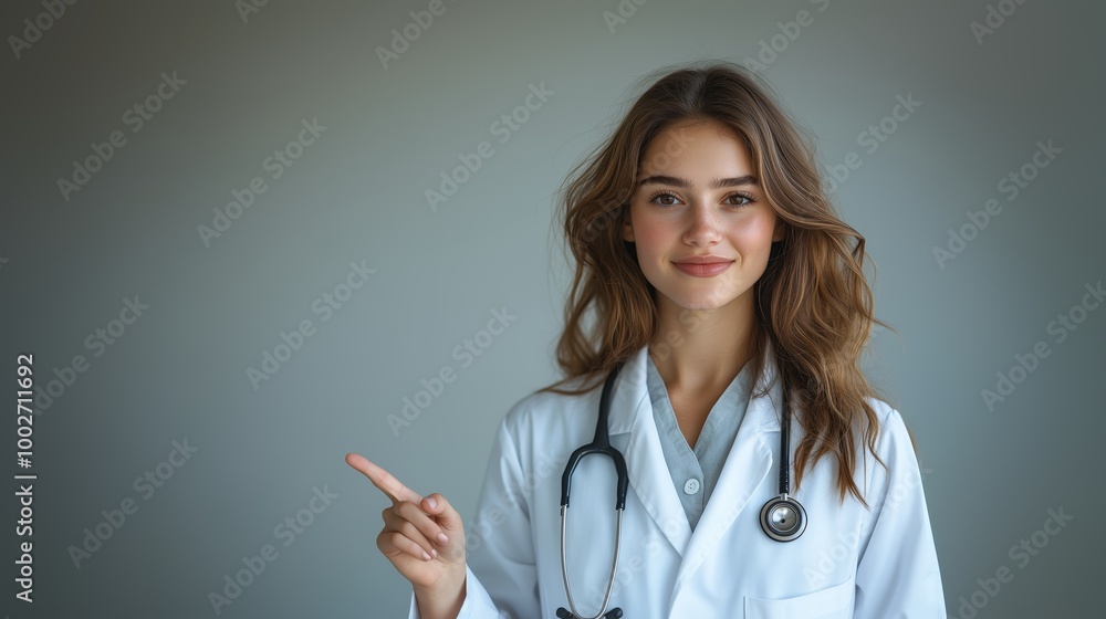 Smiling female doctor pointing at something on empty space Smiling female doctor pointing at something on empty space