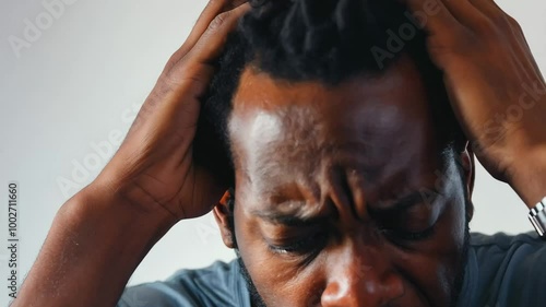 Isolated Stressed Black African American Man Holding His Head in Pain or Despair on White Studio Background - Anxiety or Headache Concept