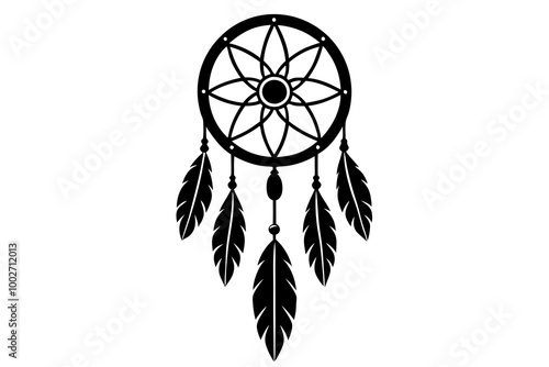 Traditional Dreamcatcher Silhouette Featuring Intricate Feathers and Web Design