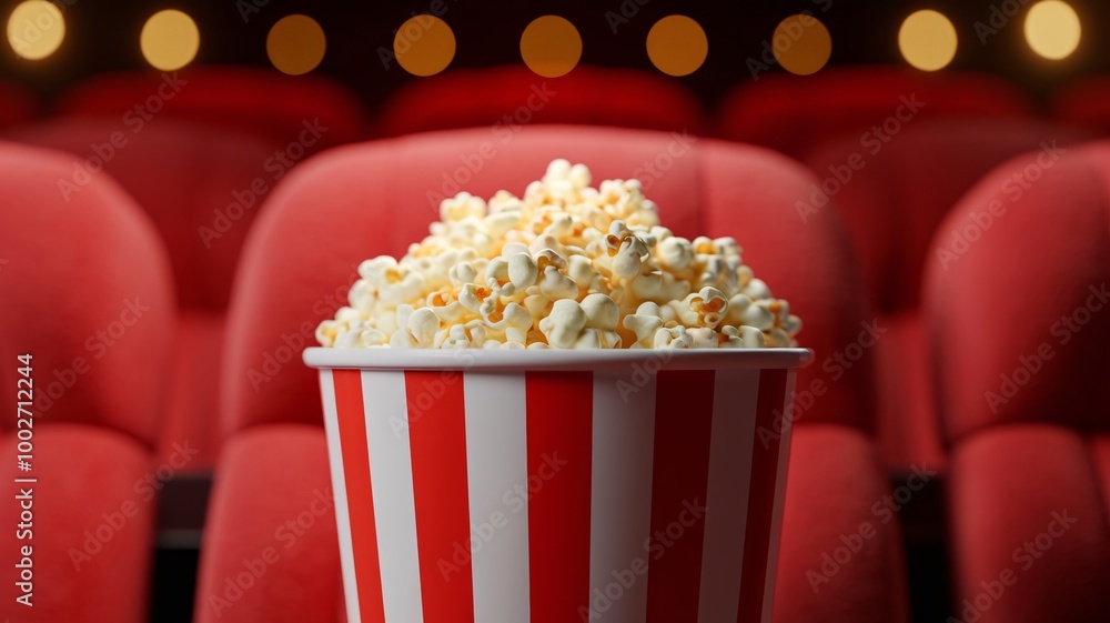 3D Render of a Red and White Striped Popcorn Bucket Overflowing with Freshly Popped Popcorn on a Plush Red Theater Seat, Surrounded by Blurred Seats and Warm Bokeh Lights 3D Render of a Red and White Striped Popcorn Bucket Overflowing with Freshly Popped Popcorn on a Plush Red Theater Seat, Surrounded by Blurred Seats and Warm Bokeh Lights