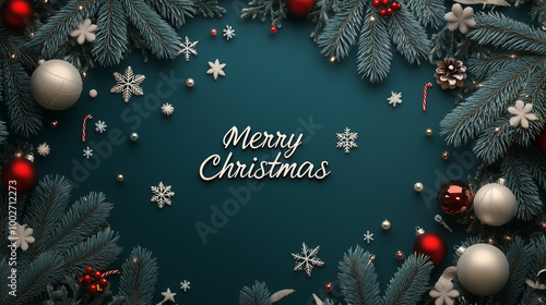 Festive Christmas background featuring pine branches, red ornaments, and snowflakes. Perfect for holiday greetings, seasonal designs, and joyful Christmas celebration content