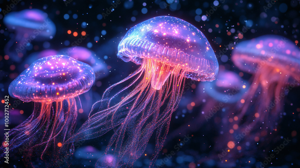 Jellyfish are mesmerizing marine creatures characterized by their gelatinous bodies and trailing tentacles. They come in a variety of shapes, sizes, and colors, ranging from translucent to vibrant hue Jellyfish are mesmerizing marine creatures characterized by their gelatinous bodies and trailing tentacles. They come in a variety of shapes, sizes, and colors, ranging from translucent to vibrant hue