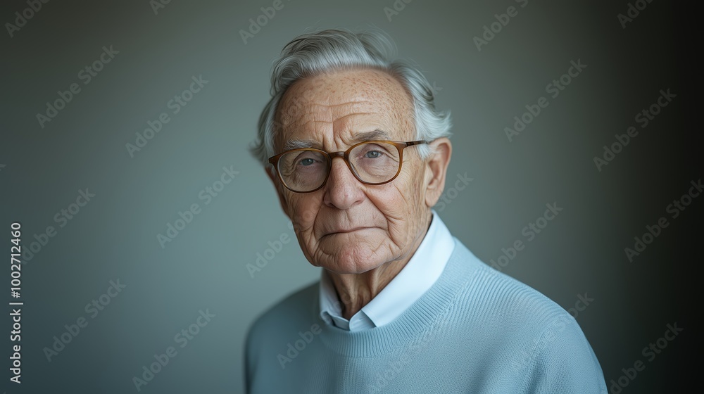Fototapeta premium Serious senior man wearing glasses is posing on grey background