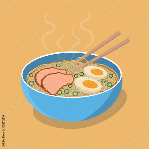 Hot ra men soup in a bowl.