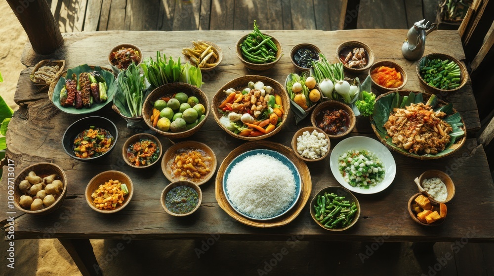 A spread of Sundanese village cuisine with fresh vegetables, rice, and local dishes, served in bowls and plates on a wooden table, ready for a feast. A spread of Sundanese village cuisine with fresh vegetables, rice, and local dishes, served in bowls and plates on a wooden table, ready for a feast.