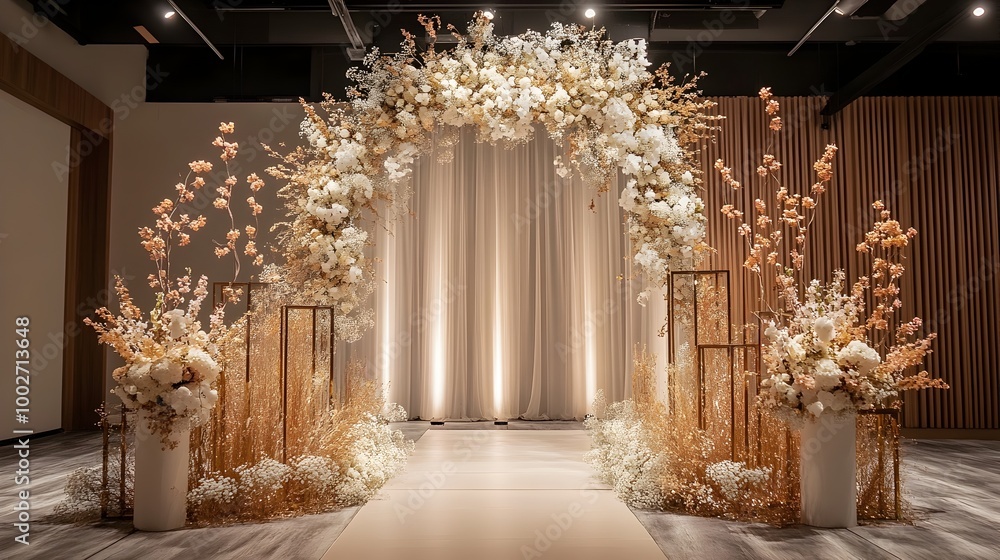 Stunning and Elegant Floral Arch Backdrop with Personalized Signage Creating a Magnificent and Memorable Focal Point for Luxurious Event and Stunning and Elegant Floral Arch Backdrop with Personalized Signage Creating a Magnificent and Memorable Focal Point for Luxurious Event and