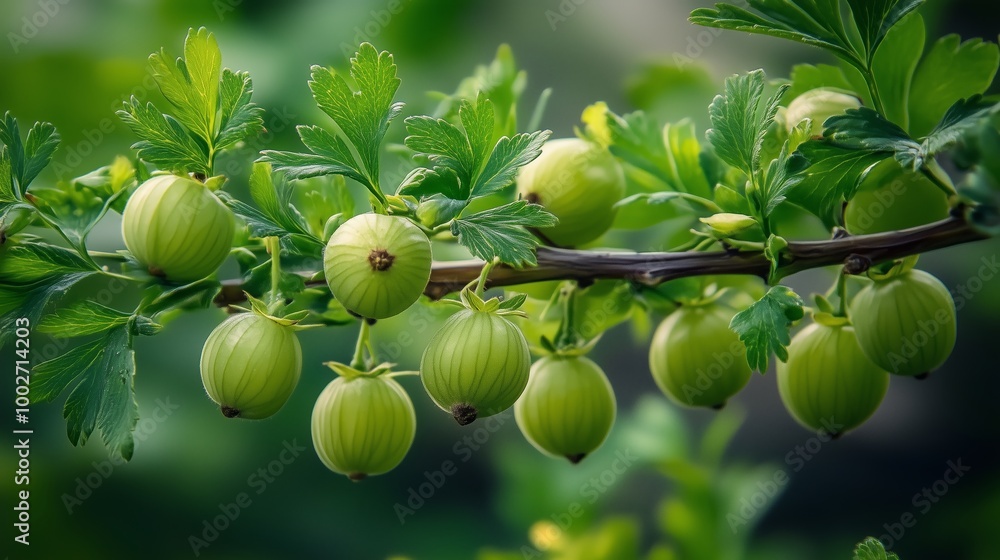 Ripe green gooseberries hanging on a lush branch during a sunny afternoon in a garden Ripe green gooseberries hanging on a lush branch during a sunny afternoon in a garden