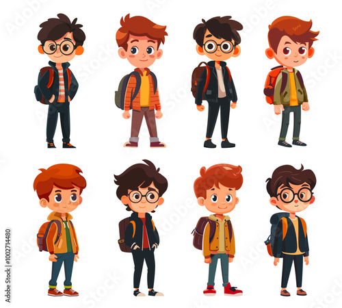 Pupil cartoon characters. Schoolboy with backpack, student child funny boy school education kid learn study classmate pupils set vector illustration