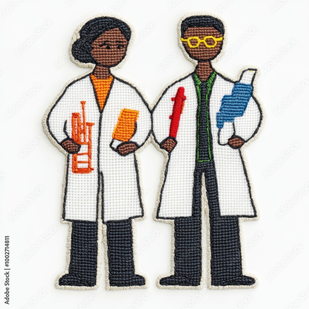 Two illustrated scientists, a man and a woman, wearing lab coats and holding scientific tools, embroidered in a colorful style. Two illustrated scientists, a man and a woman, wearing lab coats and holding scientific tools, embroidered in a colorful style.