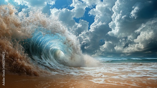 A close-up of a wave crashing against a sandy beach during a storm, with the water churning violently