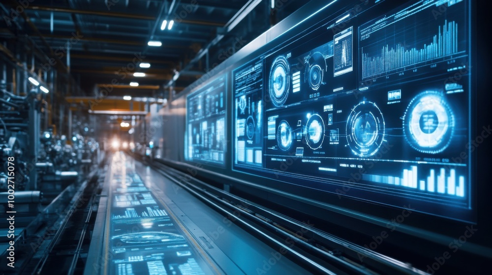 Modern Smart Factory with Digital Screens Displaying Real-Time Data Modern Smart Factory with Digital Screens Displaying Real-Time Data