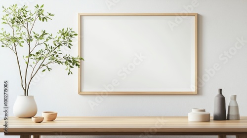 Minimalist home decor with empty framed artwork and plants