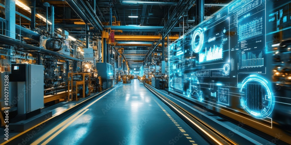 Modern Smart Factory with Digital Screens Displaying Real-Time Data Modern Smart Factory with Digital Screens Displaying Real-Time Data