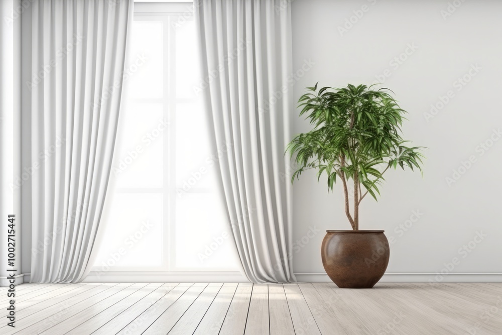 Green plant in vase near the big window. Interior. Long beige curtains. Green plant in vase near the big window. Interior. Long beige curtains.