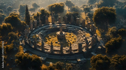 A circular temple dedicated to the Greek god Apollo, with statues lining the perimeter