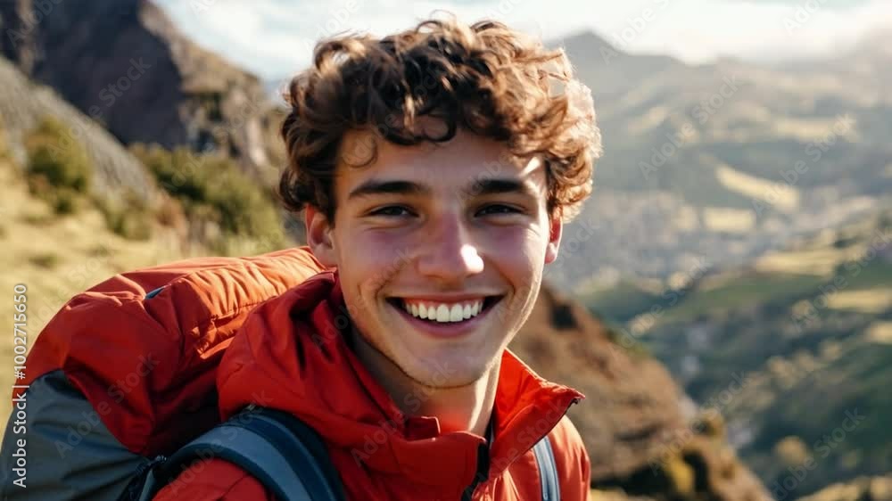 Young hiker smiles while enjoying a scenic mountain view during a bright afternoon adventure in nature Young hiker smiles while enjoying a scenic mountain view during a bright afternoon adventure in nature